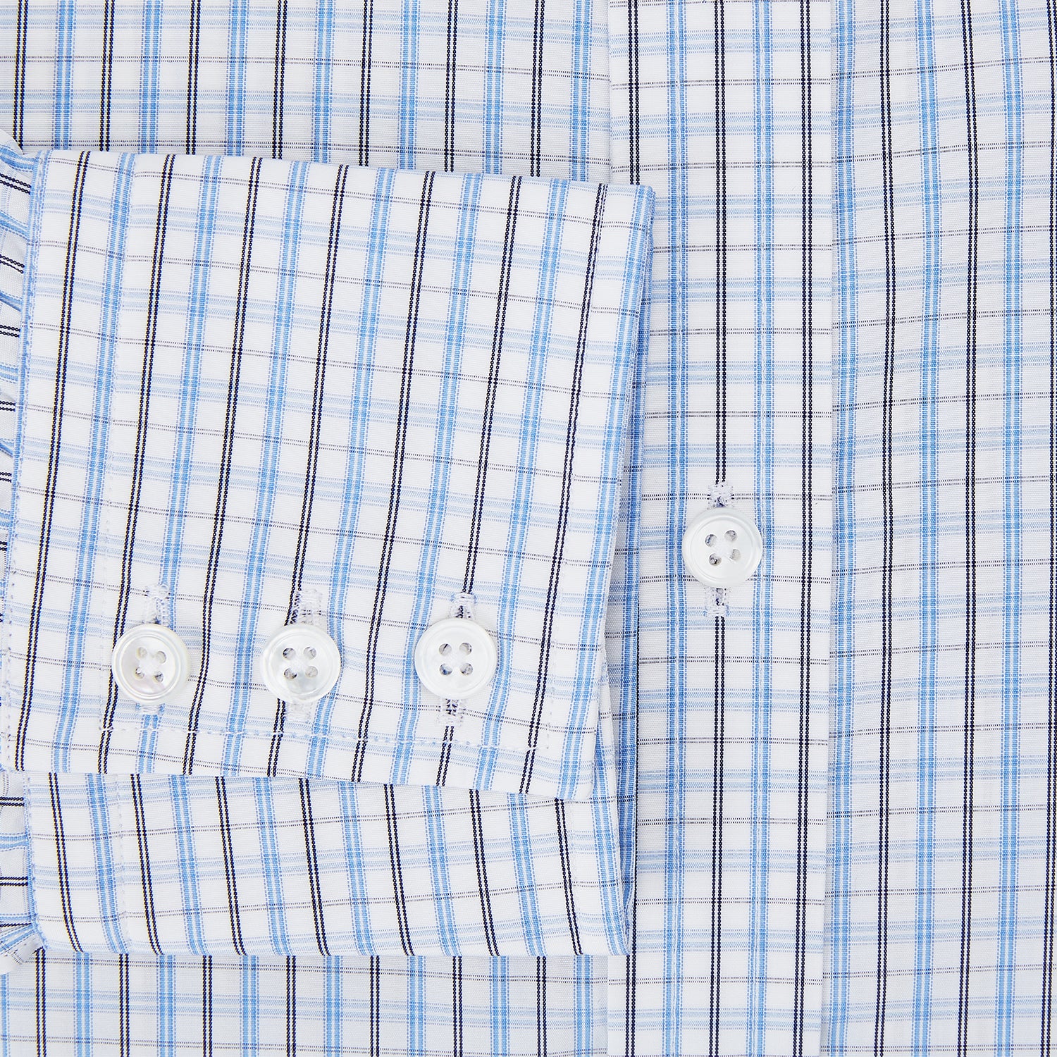 Image 4 of product The Turnbull & Asser Navy and Blue Multi Check Mayfair Shirt features a crisp blue and navy check pattern, T&A collar, long sleeves, and a tailored Mayfair fit.