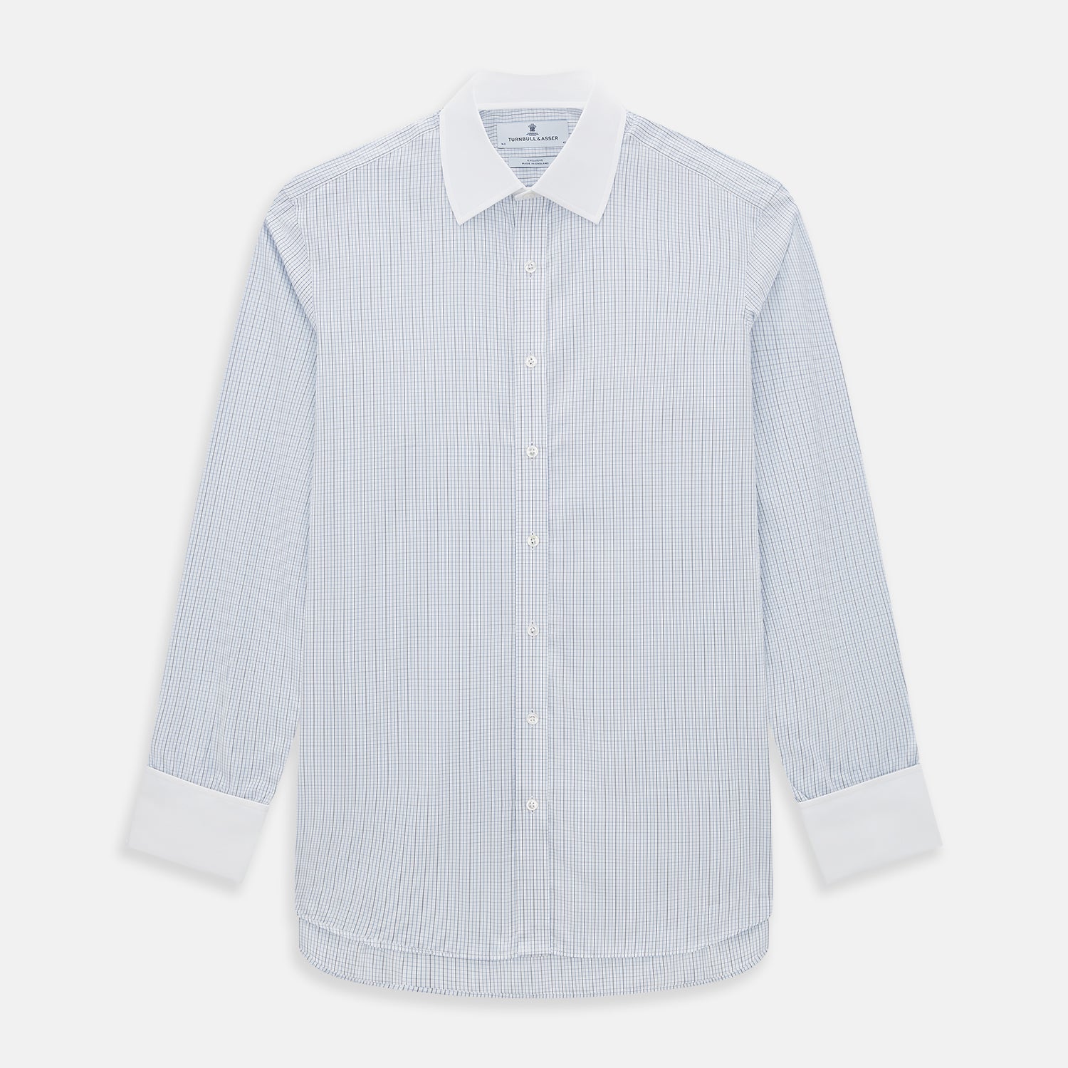 Image 1 of product The Turnbull & Asser Pale Blue and Navy Grid Check Shirt features a contrast T&A collar and cuffs, long sleeves, and a button-down front, all displayed on a plain white background.