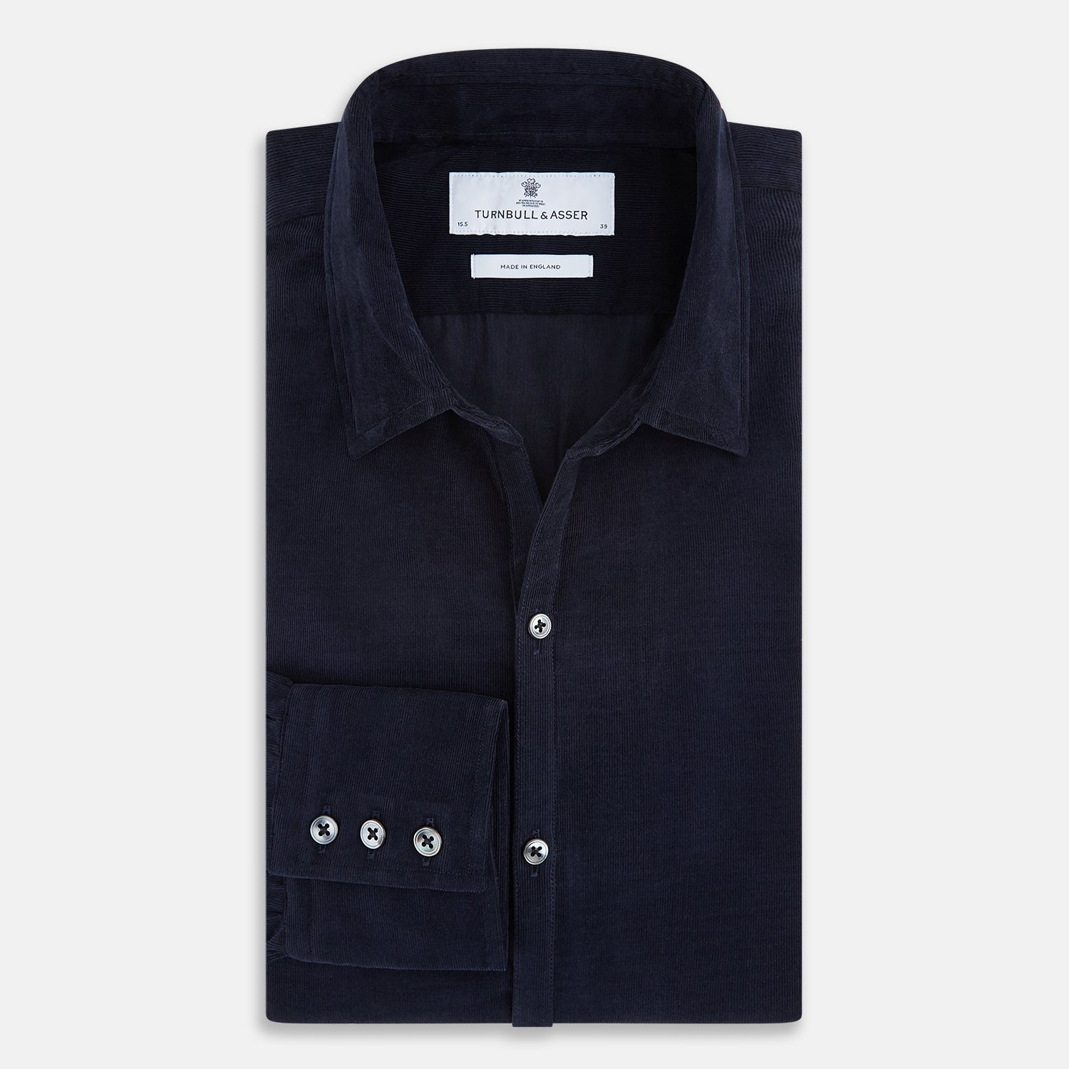 Image 5 of product A navy corduroy Windsor shirt by Turnbull & Asser, featuring British craftsmanship and a classic collar, displayed on a plain white background.