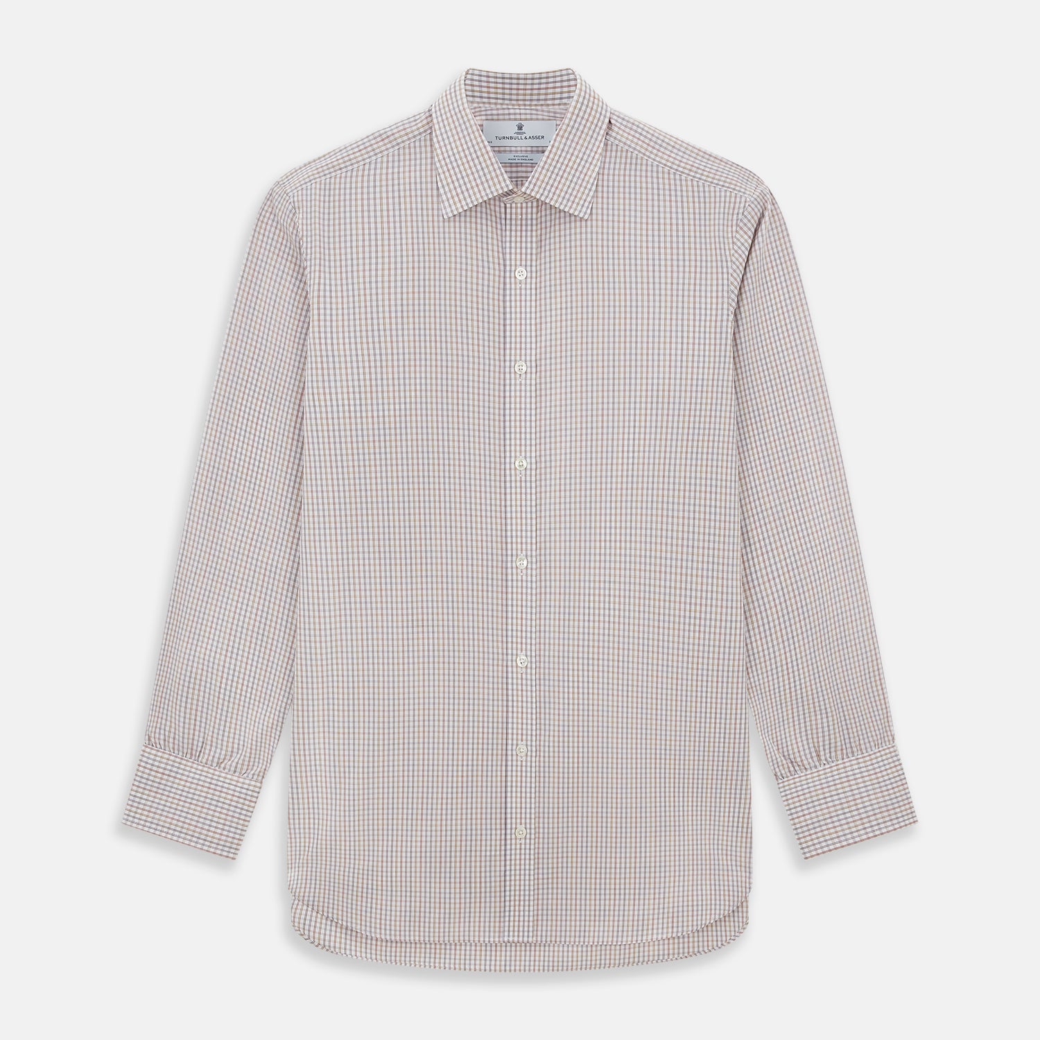 Image 1 of product The Turnbull & Asser Multicoloured Check Mayfair Shirt is a long-sleeve, button-up shirt with a classic collar and buttoned cuffs, showcasing a true British checkered pattern on a white background.