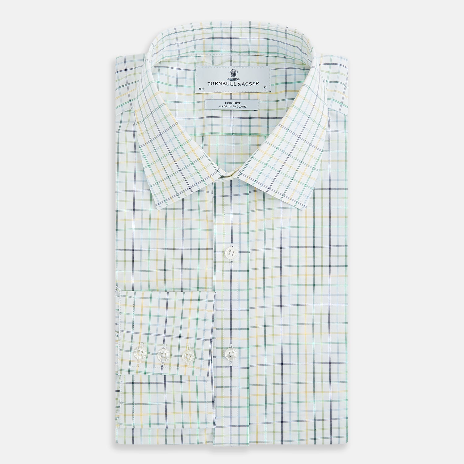 Image 5 of product The Turnbull & Asser Multi Tone Double Grid Check Mayfair Shirt is a long-sleeve, button-up with a classic collar, showcasing pure cotton light blue, green, and yellow grid checks on white, neatly displayed flat against a white surface.