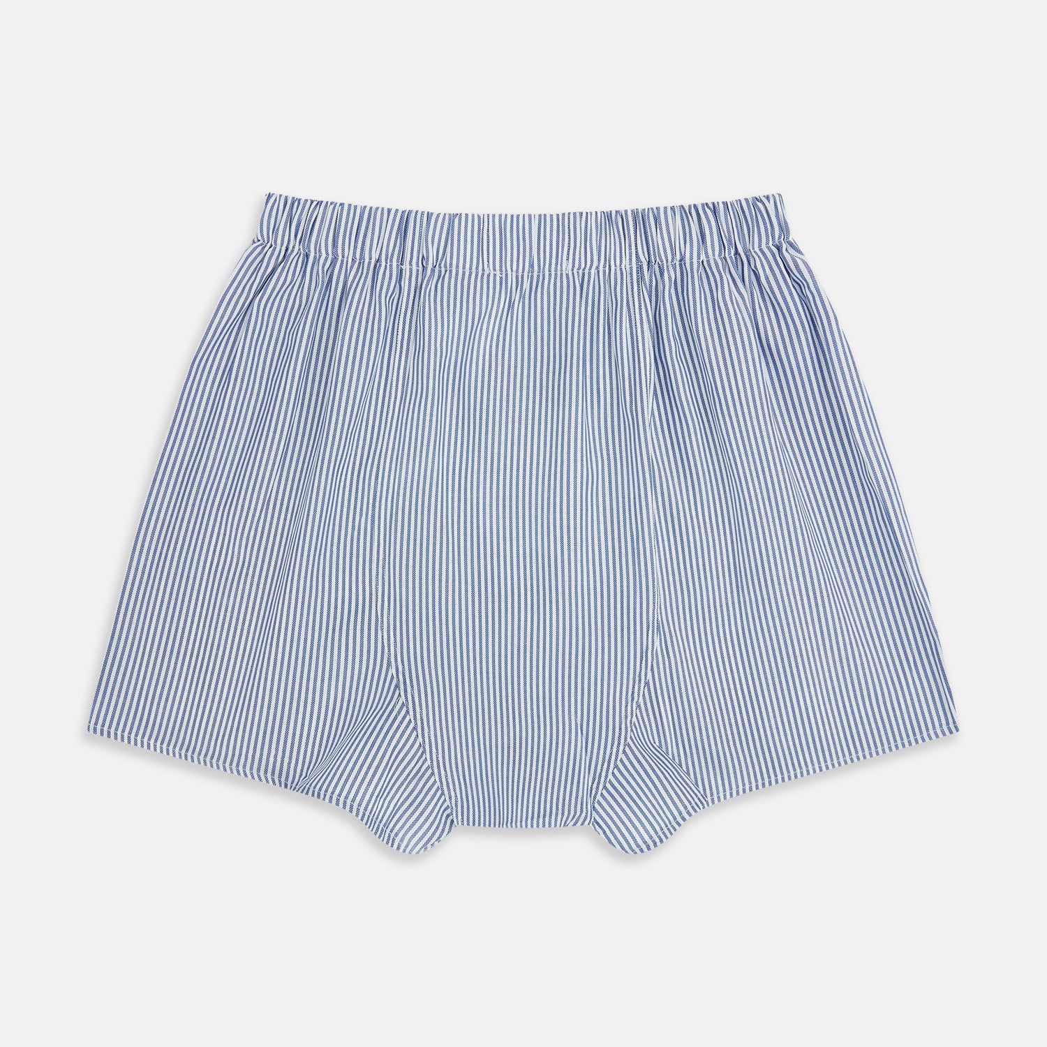 Image 2 of product The Navy Bengal Stripe Godfrey Boxer Shorts by Turnbull & Asser feature blue and white vertical stripes, crafted from fine Italian cotton with an elastic waistband—luxury men’s underwear, shown laid flat on a white background.