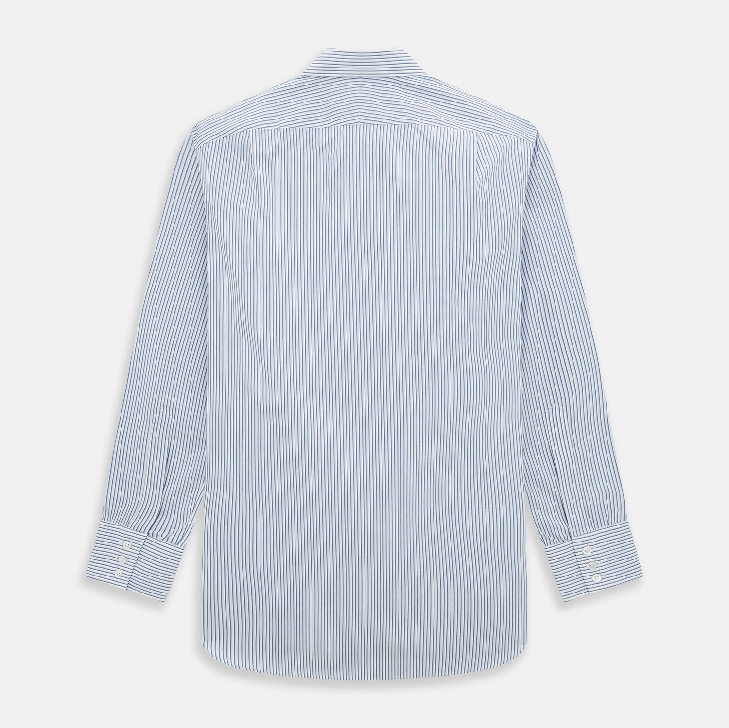 Image 3 of product The Turnbull & Asser Blue Shadow Stripe Mayfair Shirt is a long-sleeve button-up with a T&A collar and thin blue vertical stripes on white, shown on a plain white background.