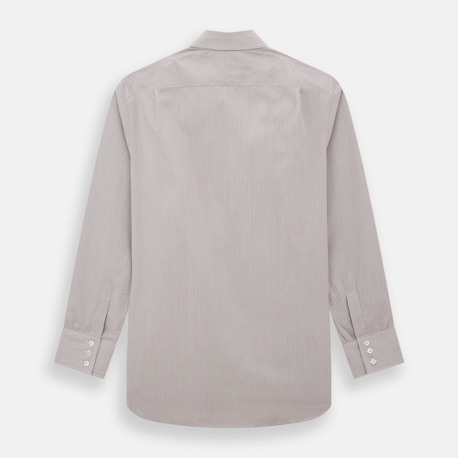 Image 3 of product The Turnbull & Asser Burgundy Hairline Stripe Mayfair Shirt features long sleeves, a pointed collar, white buttons, and a classic Mayfair fit—perfect for formal occasions—presented against a plain white background.
