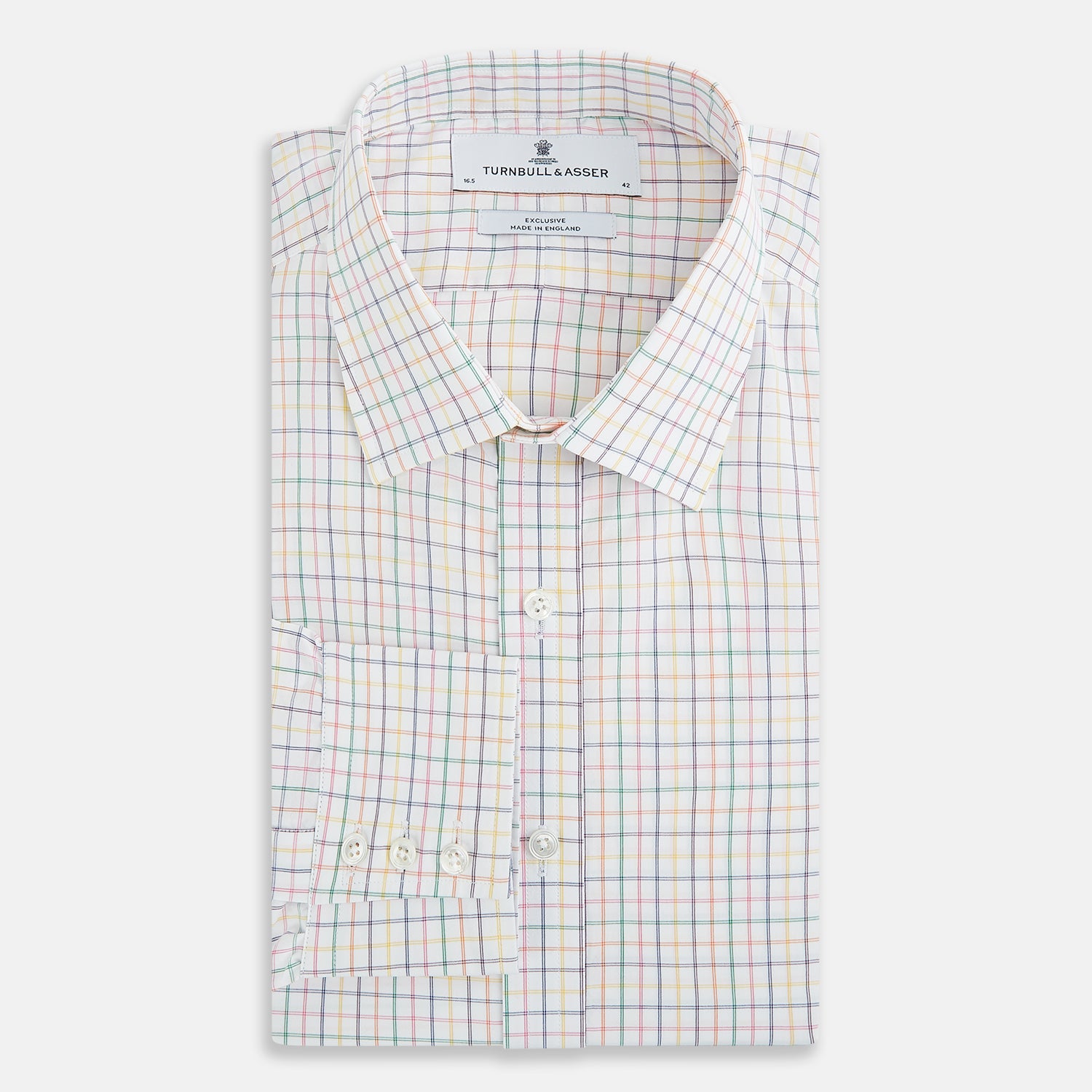 Image 5 of product The Rainbow Double Grid Check Mayfair Shirt by Turnbull & Asser features a white base with thin blue, red, and green checks and a T&A collar. It’s displayed neatly laid flat on a white background.