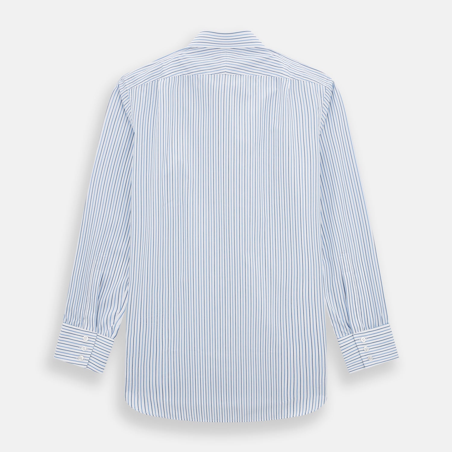 Image 3 of product The Blue and Navy Double Stripe Mayfair Shirt by Turnbull & Asser features a classic T&A collar and thin blue stripes on a white background, displayed against a plain white surface.