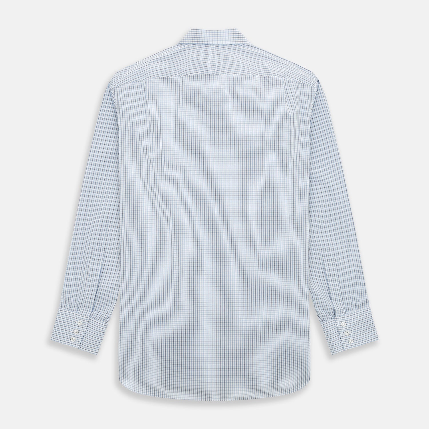 Image 3 of product The Turnbull & Asser Navy and Blue Multi Check Mayfair Shirt features a T&A collar, button cuffs, and a blue checkered pattern. This long-sleeve, button-up shirt is shown on a white background.