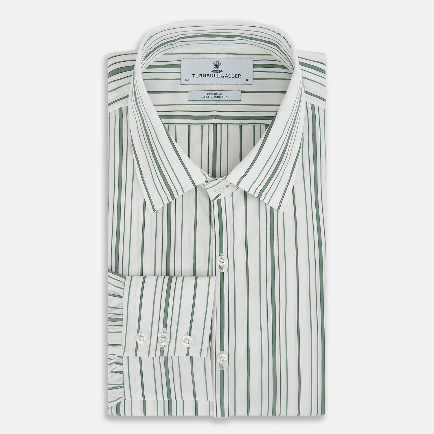 Image 5 of product The SAGE GREEN MULTI STRIPE WESTMINSTER SHIRT by Turnbull & Asser features a classic collar, long sleeves, buttoned cuffs, relaxed fit, and vertical green and white stripes—embodying timeless British craftsmanship.
