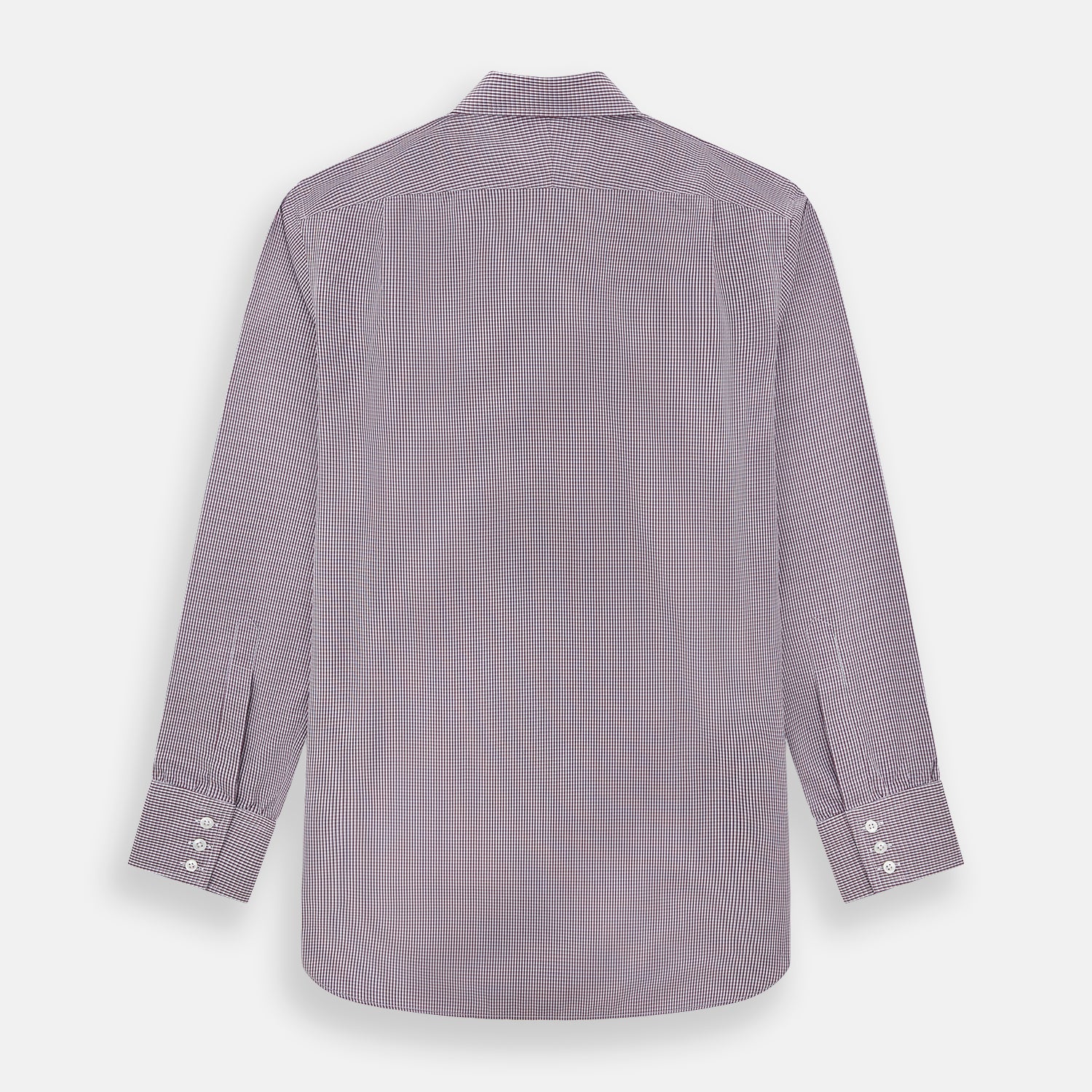 Image 3 of product The Turnbull & Asser Burgundy Micro Check Mayfair Shirt features long sleeves, a pointed collar, and white buttons—perfect for formal wear. Shown laid flat on a white background.