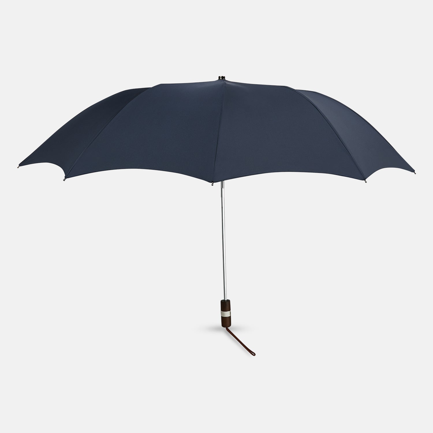Image 1 of product The Navy Telescopic Umbrella by Turnbull & Asser features a brown maple handle with wrist strap, a straight metal shaft, and is shown fully opened against a plain white background.