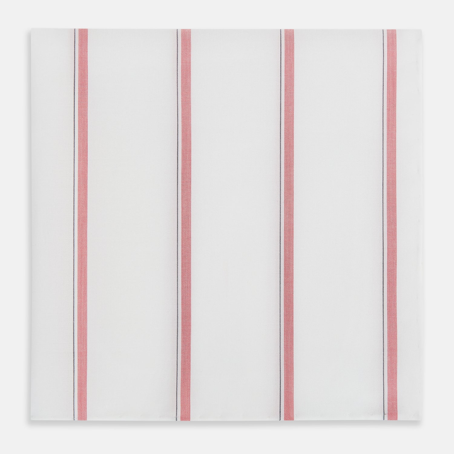 Image 1 of product The Turnbull & Asser Coral Track Stripe Hand-Rolled Handkerchief features evenly spaced vertical coral stripes bordered by thin gray lines, finished with hand-rolled edges and displayed neatly folded on a white background.