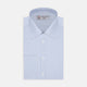 The Turnbull & Asser Light Blue Bengal Stripe Shirt features a classic T&A collar, double cuffs, and white buttons. Made from cotton with blue and white stripes, it's neatly displayed against a plain white background.