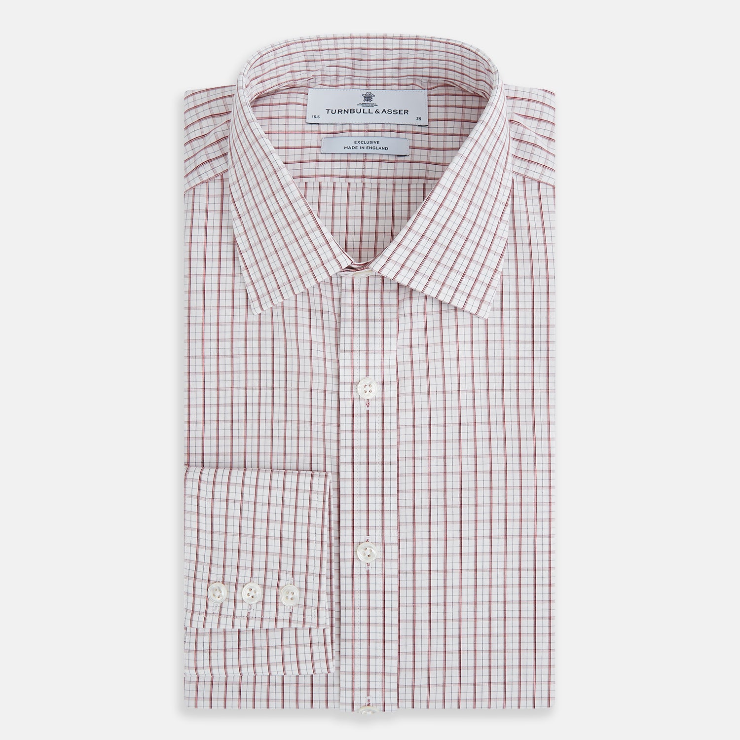 Image 5 of product The Turnbull & Asser Red Tattersall Check Mayfair Shirt features long sleeves, a collar, and Italian cotton with a red tattersall check on white, shown flat against a white background.