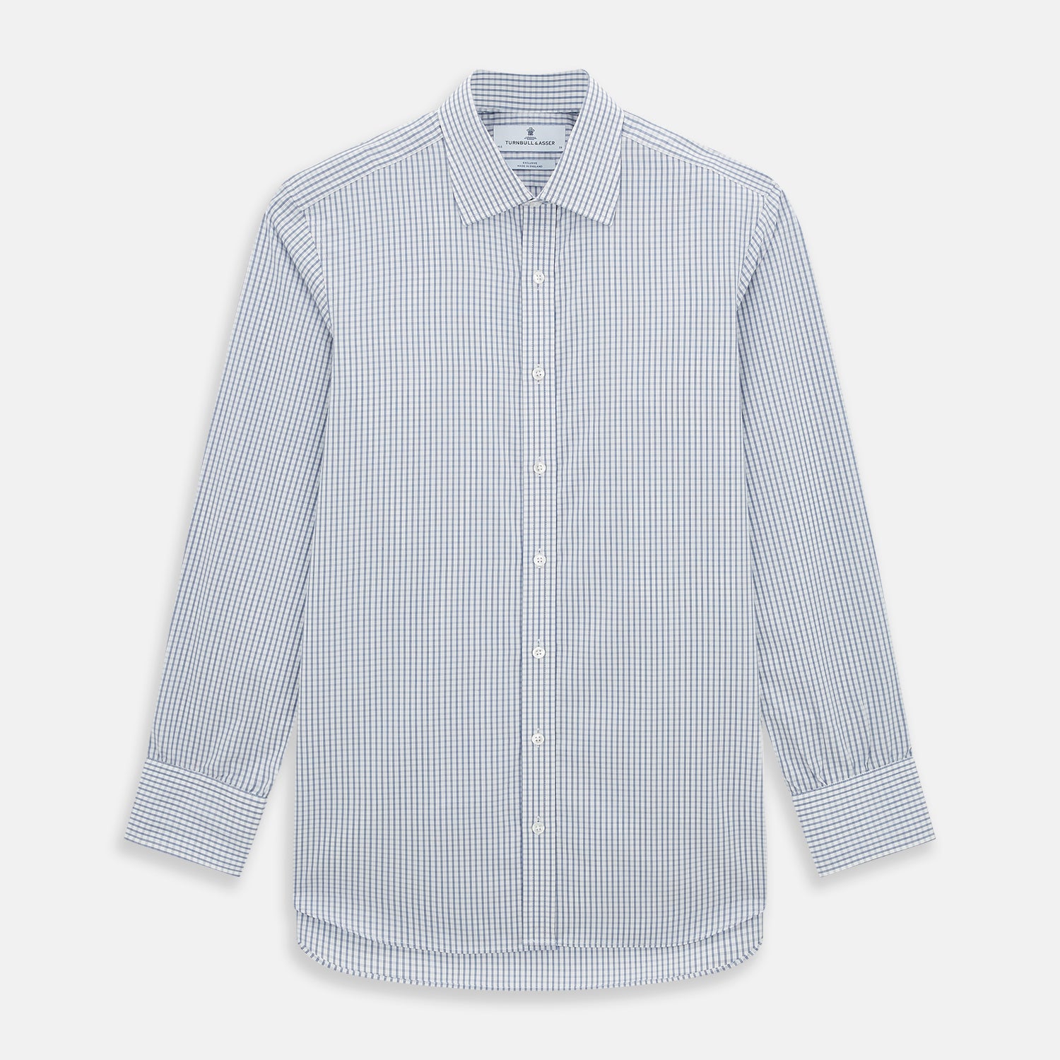 Image 1 of product The Turnbull & Asser Blue Multi Tattersall Check Mayfair Shirt is a long-sleeved, button-down shirt featuring a small blue and white check pattern, pointed collar, and cuffs, shown laid flat on a white background.