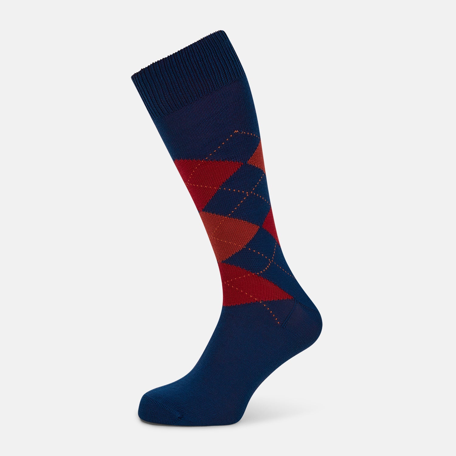Image 1 of product Turnbull & Asser’s Royal Blue Check Mid-Length Sock features a blue base with red, orange, and blue checks on the calf, shown against a plain white background.