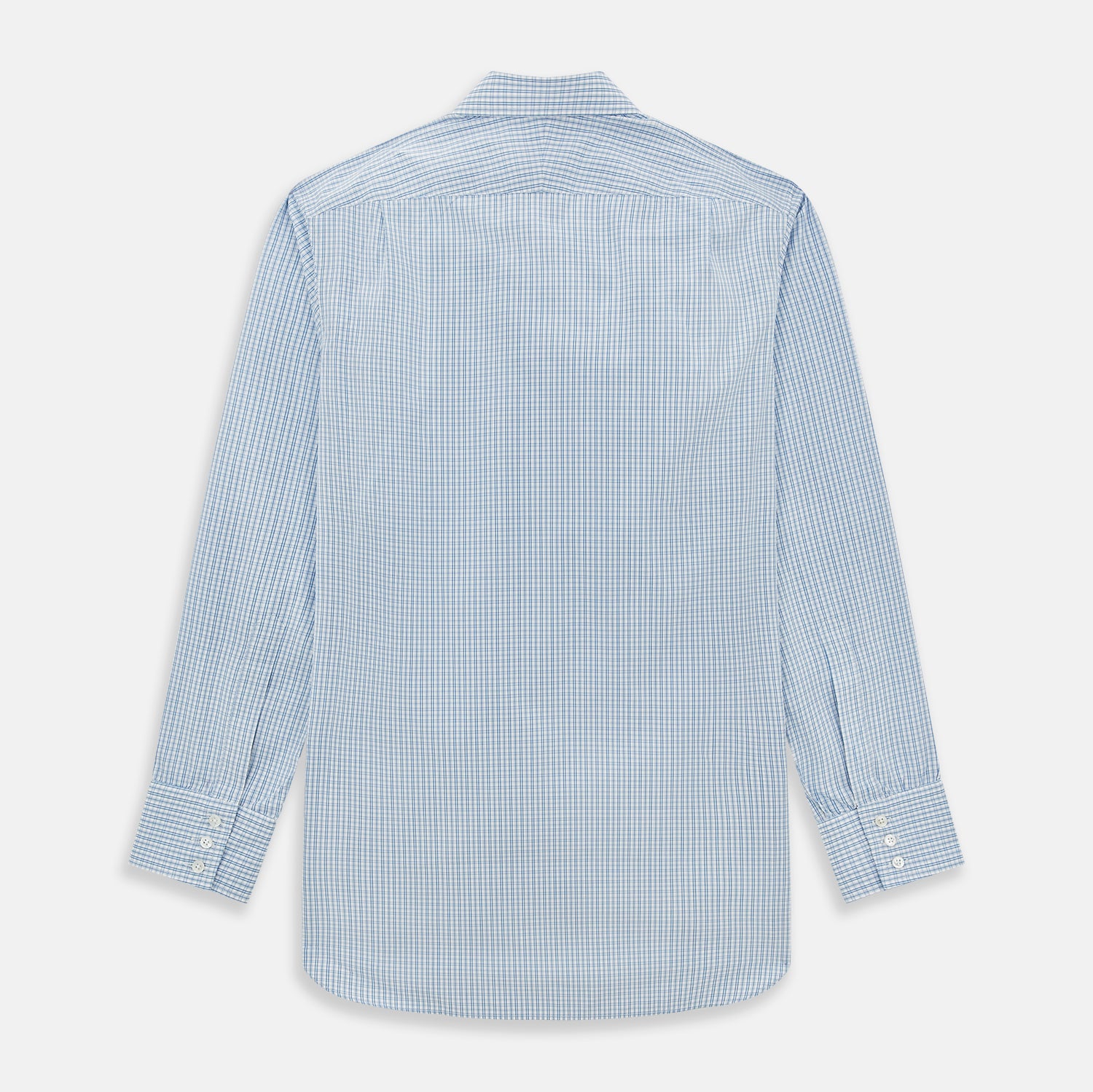 Image 3 of product The Sky Blue Micro Graph Check Mayfair Shirt by Turnbull & Asser features a classic T&A collar, button-down front, and buttoned cuffs, shown laid flat on a white background.