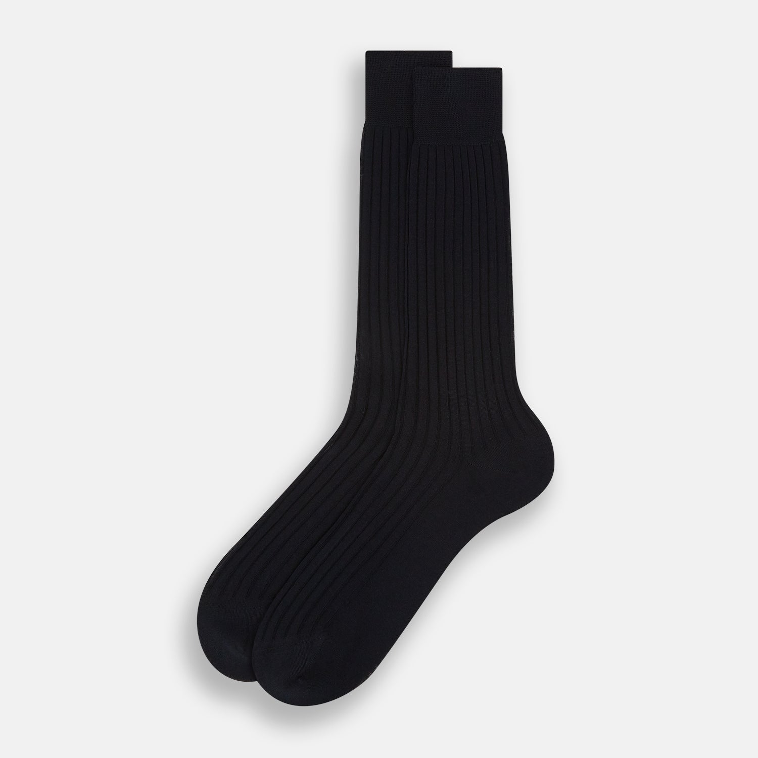 Image 2 of product A single Midnight Mid-length Sock by Turnbull & Asser, made from mercerised Egyptian cotton, stands upright on a white background. This luxury black sock features a ribbed texture with smooth toe and heel areas.