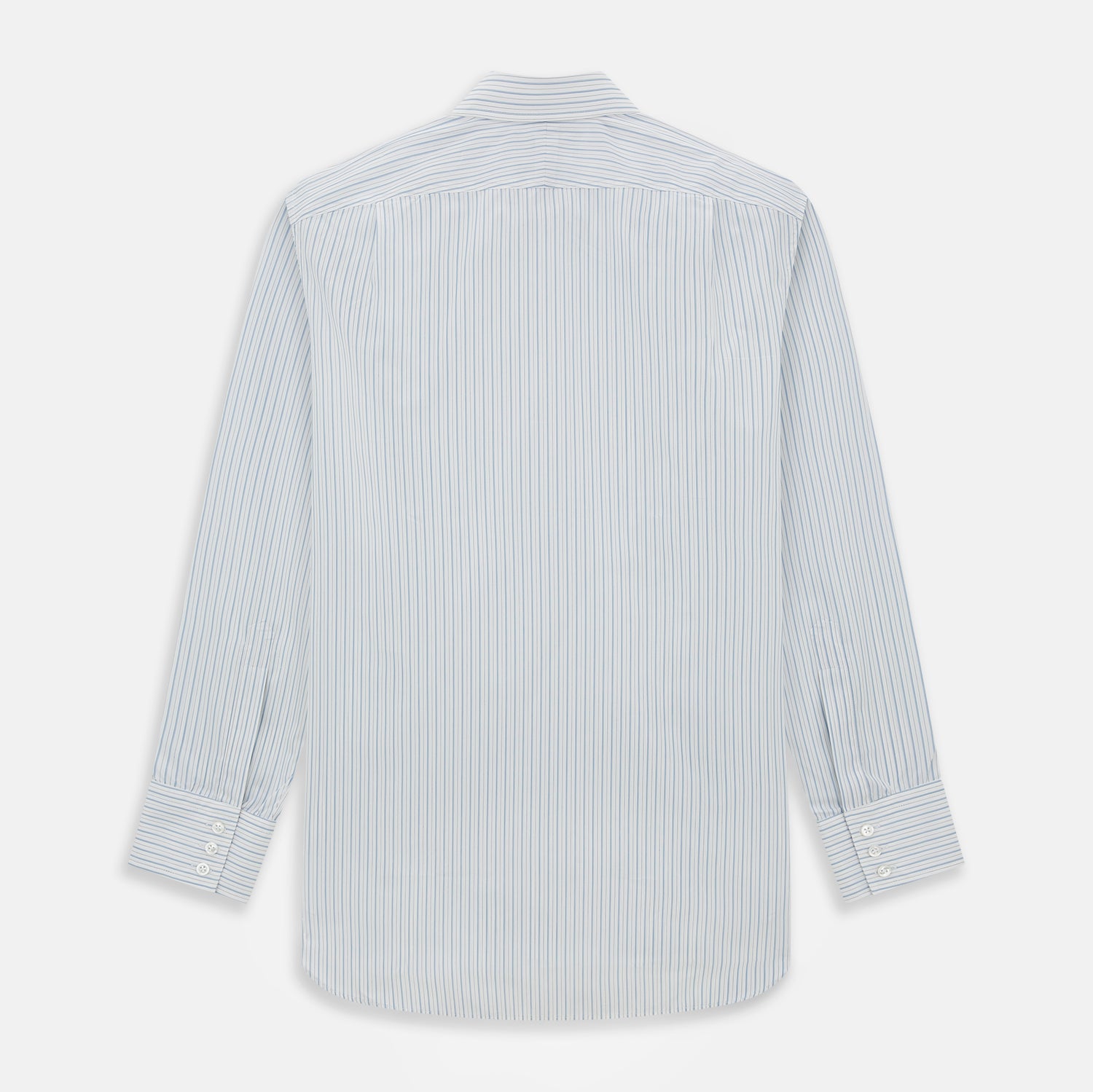 Image 3 of product The Turnbull & Asser Sky Blue Combination Stripe Mayfair Shirt features long sleeves, a T&A collar, buttoned cuffs, and thin vertical stripes in blue, shown on a plain white background.