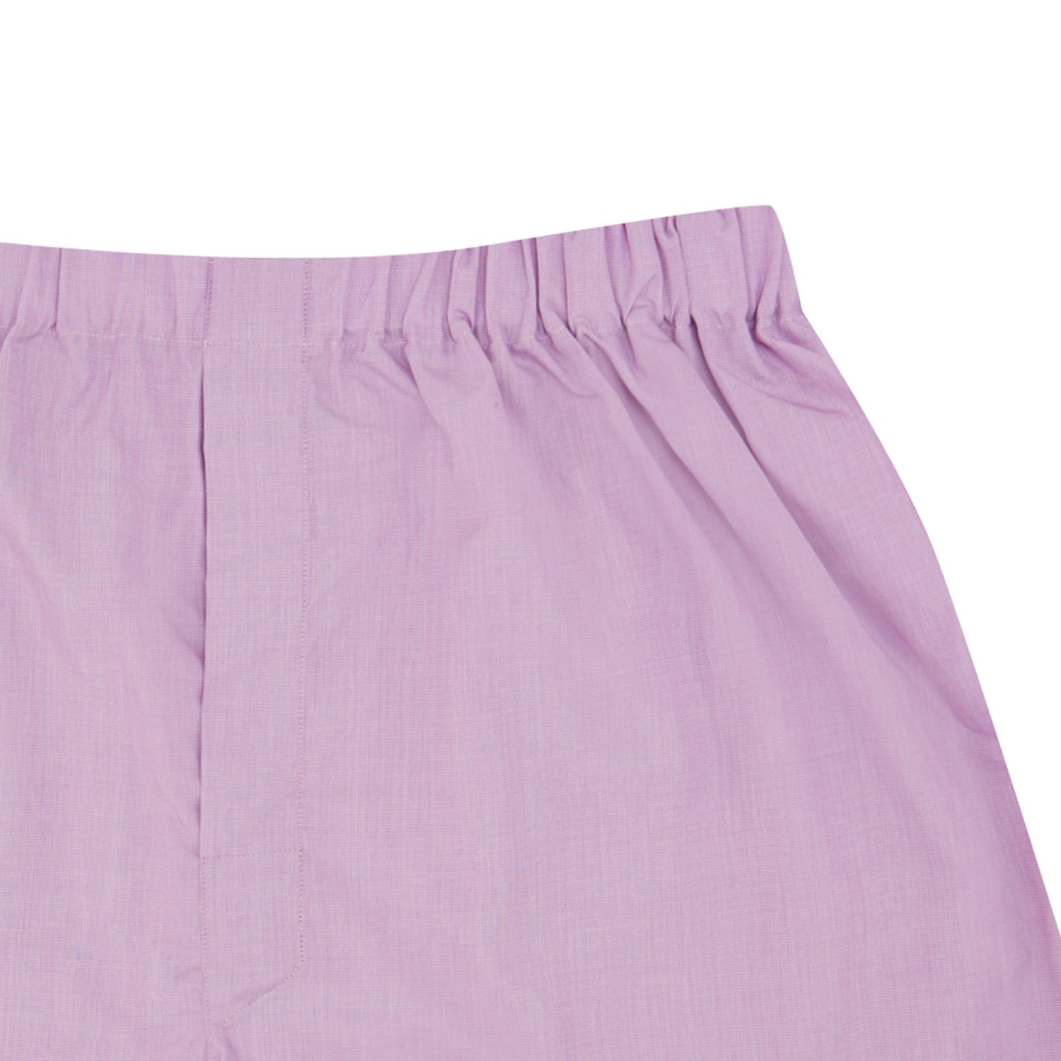 Image 2 of product Turnbull & Asser Lilac End-On-End Cotton Boxer Shorts, featuring an elastic waistband and a relaxed, comfortable fit in solid light purple, are displayed against a plain white background. No visible patterns or extra details.