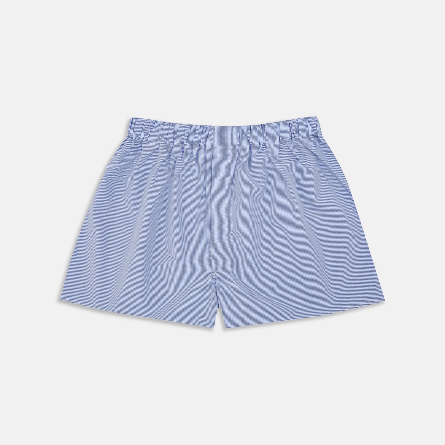 Image 1 of product Turnbull & Asser Blue and White Fine Bengal Stripe Sea Island Cotton Boxer Shorts, featuring an elastic waistband and loose fit, displayed flat on a plain white background.