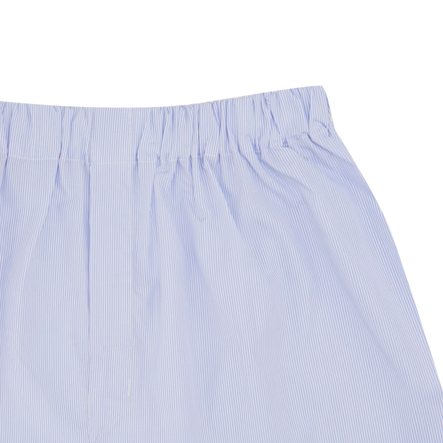 Image 2 of product Turnbull & Asser Blue and White Fine Bengal Stripe Sea Island Cotton Boxer Shorts, featuring an elastic waistband and loose fit, displayed flat on a plain white background.