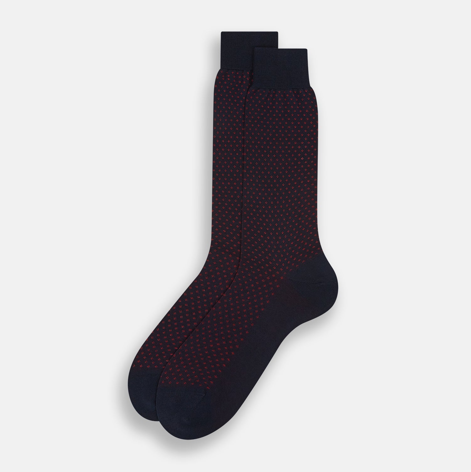 Image 2 of product A single Navy/Red Motif Mid-Length Sock by Turnbull & Asser, displayed upright on a white background. The sock features a calf-length style, ribbed cuff, hand-linked toe for comfort, and a subtle red pattern.