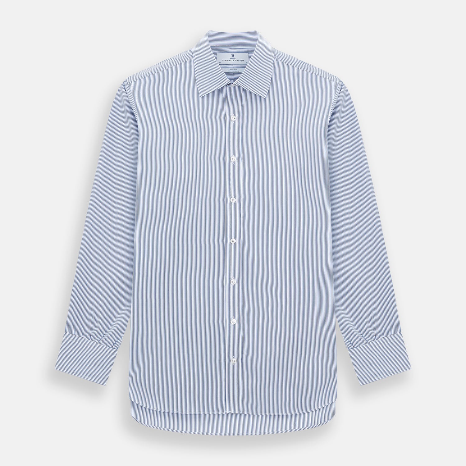 Image 1 of product The Turnbull & Asser Pale Blue Pinstripe Mayfair Shirt features pale blue pinstripes, a classic T&A collar, white buttons, and cuffed sleeves, shown against a plain white background.