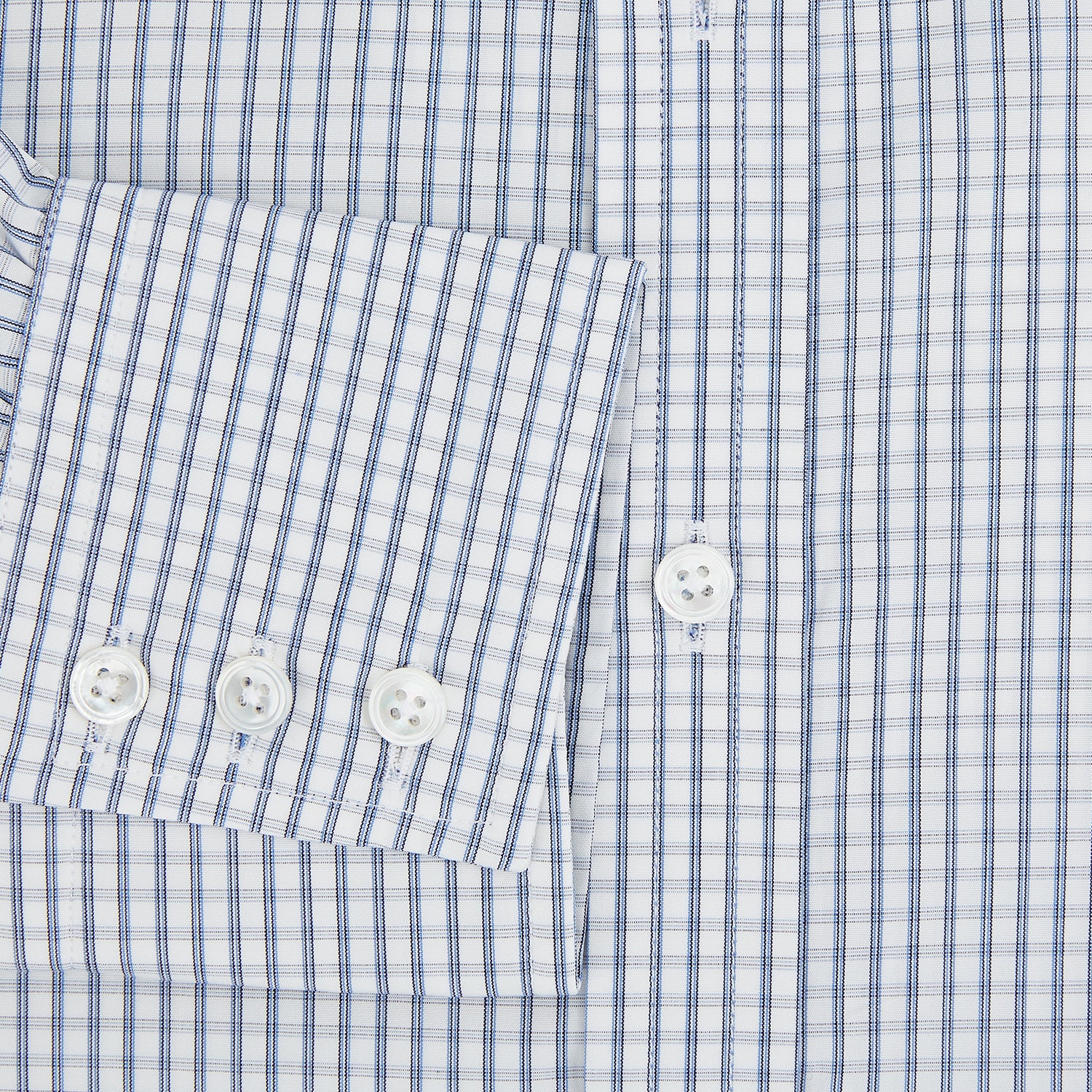 Image 4 of product The Turnbull & Asser Blue Multi Tattersall Check Mayfair Shirt is a long-sleeved, button-down shirt featuring a small blue and white check pattern, pointed collar, and cuffs, shown laid flat on a white background.