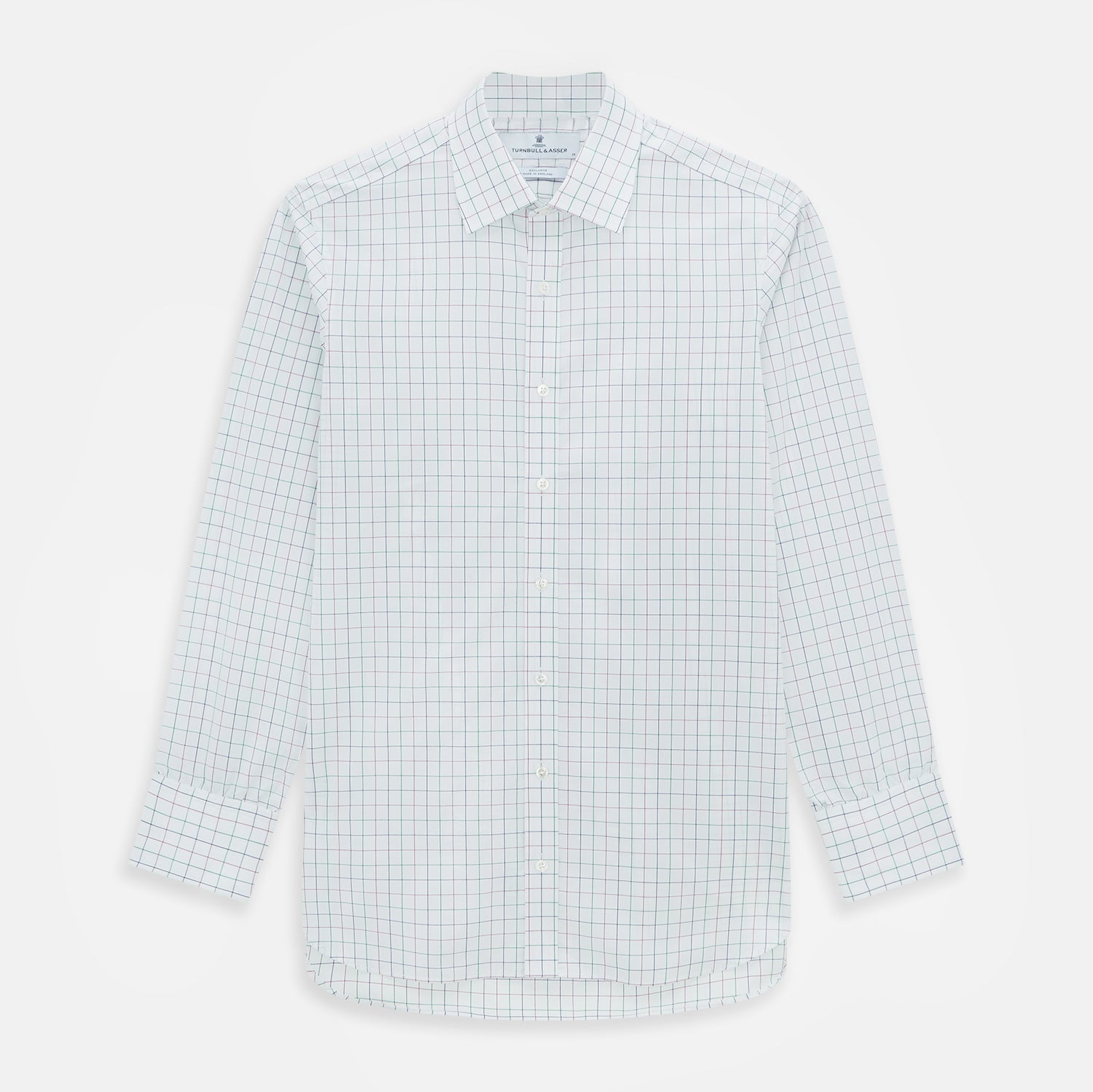 Image 1 of product The Turnbull & Asser Pink Grid Check Mayfair Shirt is a long-sleeve, button-down shirt with a T&A collar, crafted from organic cotton and featuring a pink checkered grid pattern on white with buttoned cuffs.