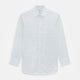 The Turnbull & Asser Pink Grid Check Mayfair Shirt is a long-sleeve, button-down shirt with a T&A collar, crafted from organic cotton and featuring a pink checkered grid pattern on white with buttoned cuffs.
