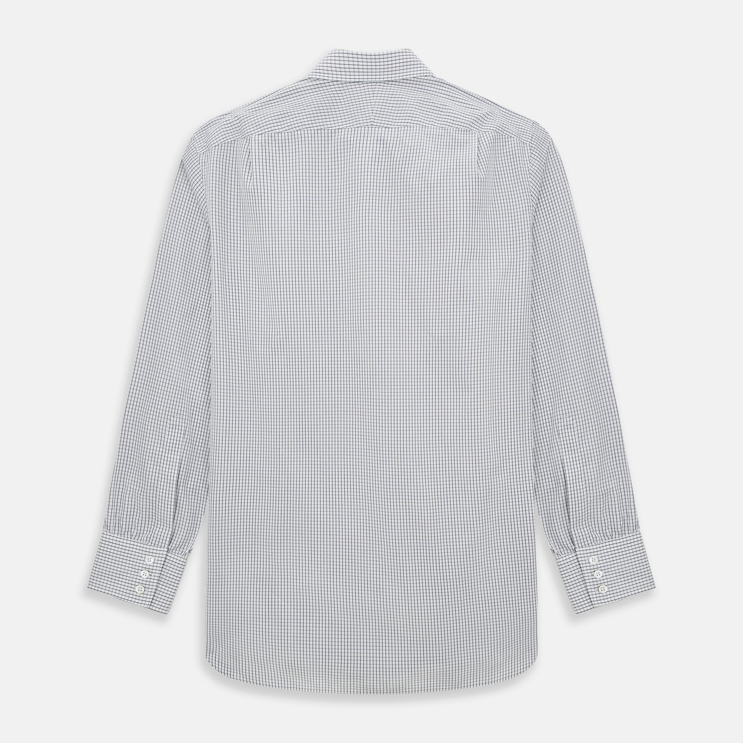 Image 3 of product The Midnight Blue Multi Check Mayfair Shirt by Turnbull & Asser is a pure cotton, long-sleeve button-down featuring a small blue multi-check pattern, pointed collar, and buttoned cuffs.