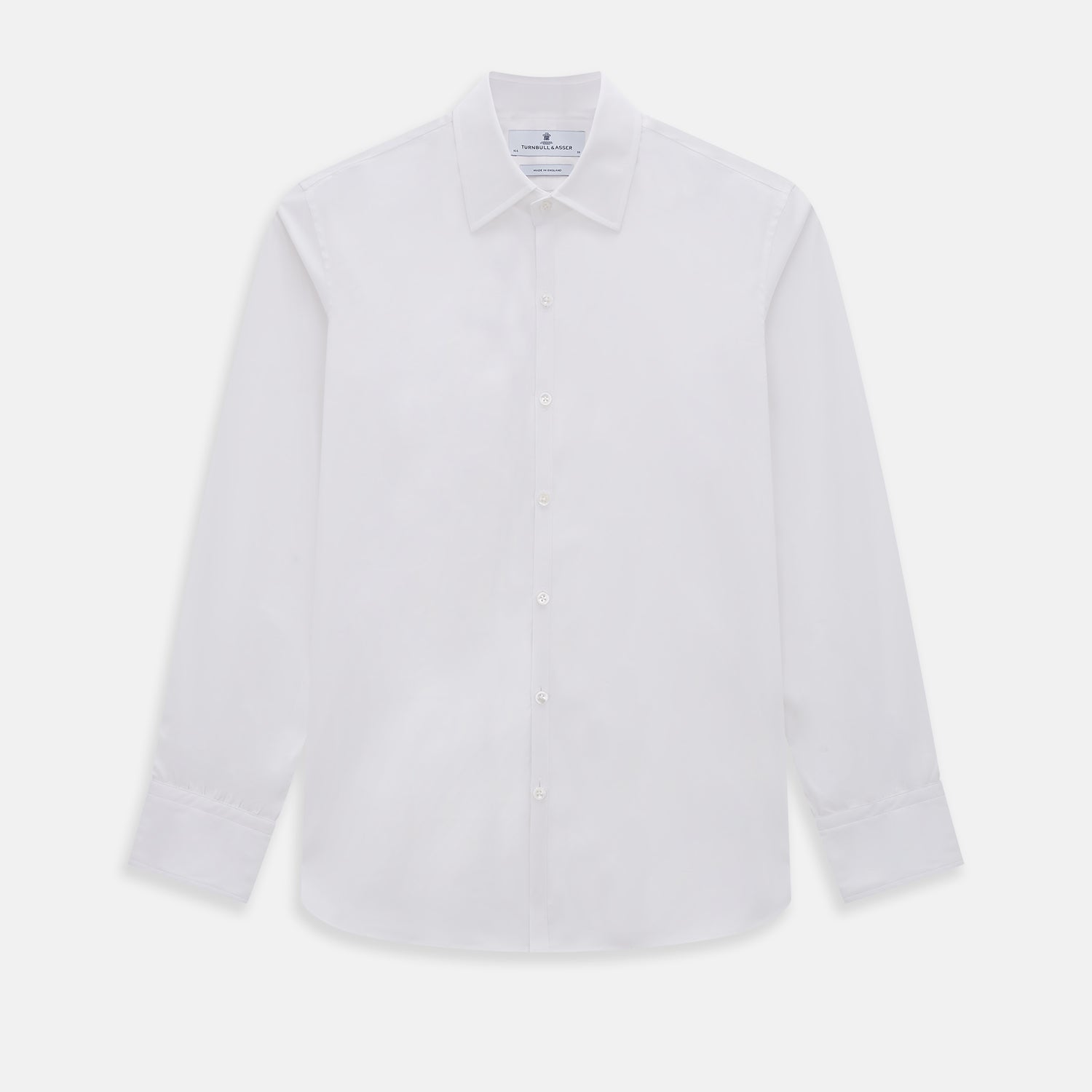 Image 1 of product The Turnbull & Asser White Westminster Shirt is a long-sleeve, button-up dress shirt with a classic cut and Westminster collar, shown on a white background.