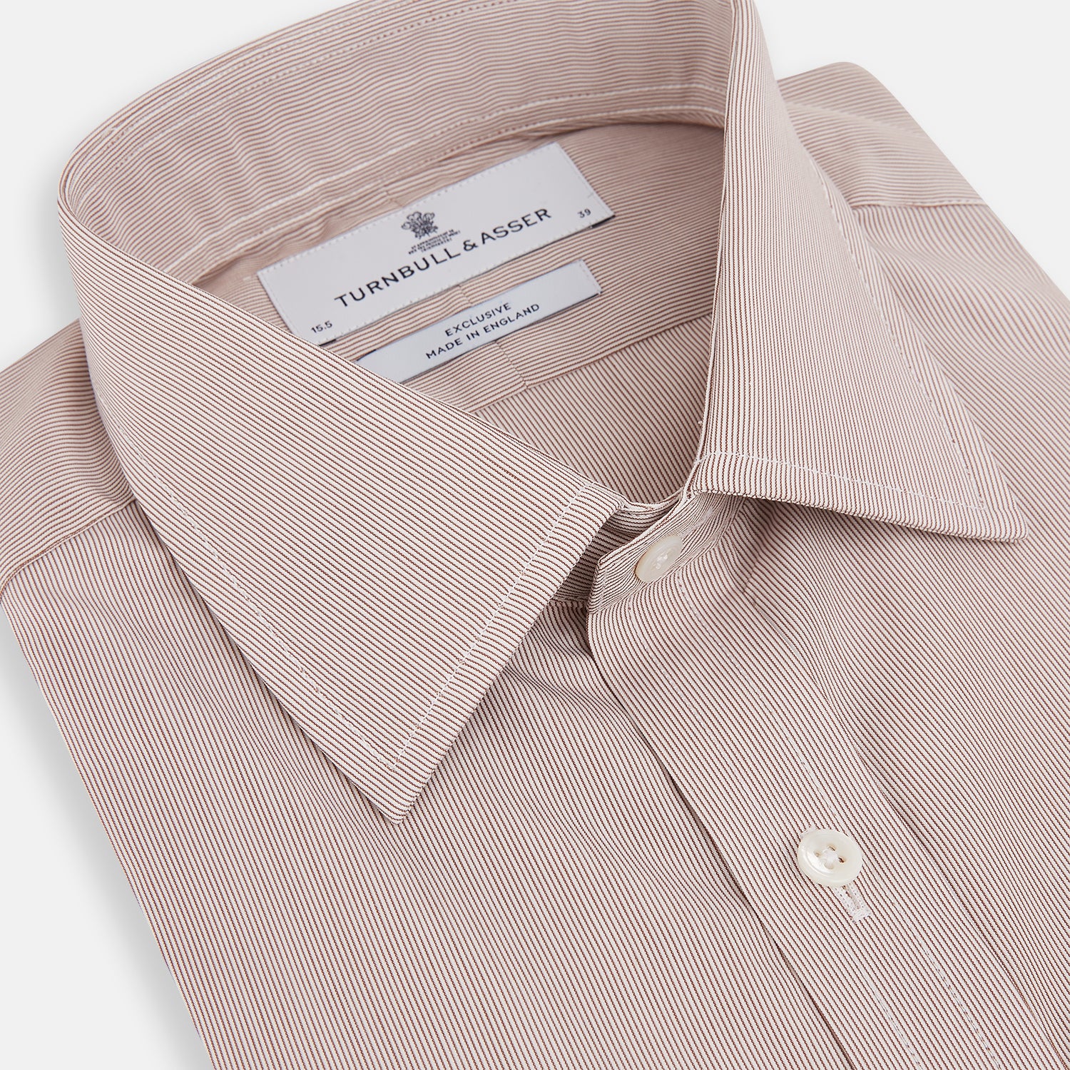 Image 2 of product The Turnbull & Asser Burgundy Hairline Stripe Mayfair Shirt features long sleeves, a pointed collar, white buttons, and a classic Mayfair fit—perfect for formal occasions—presented against a plain white background.