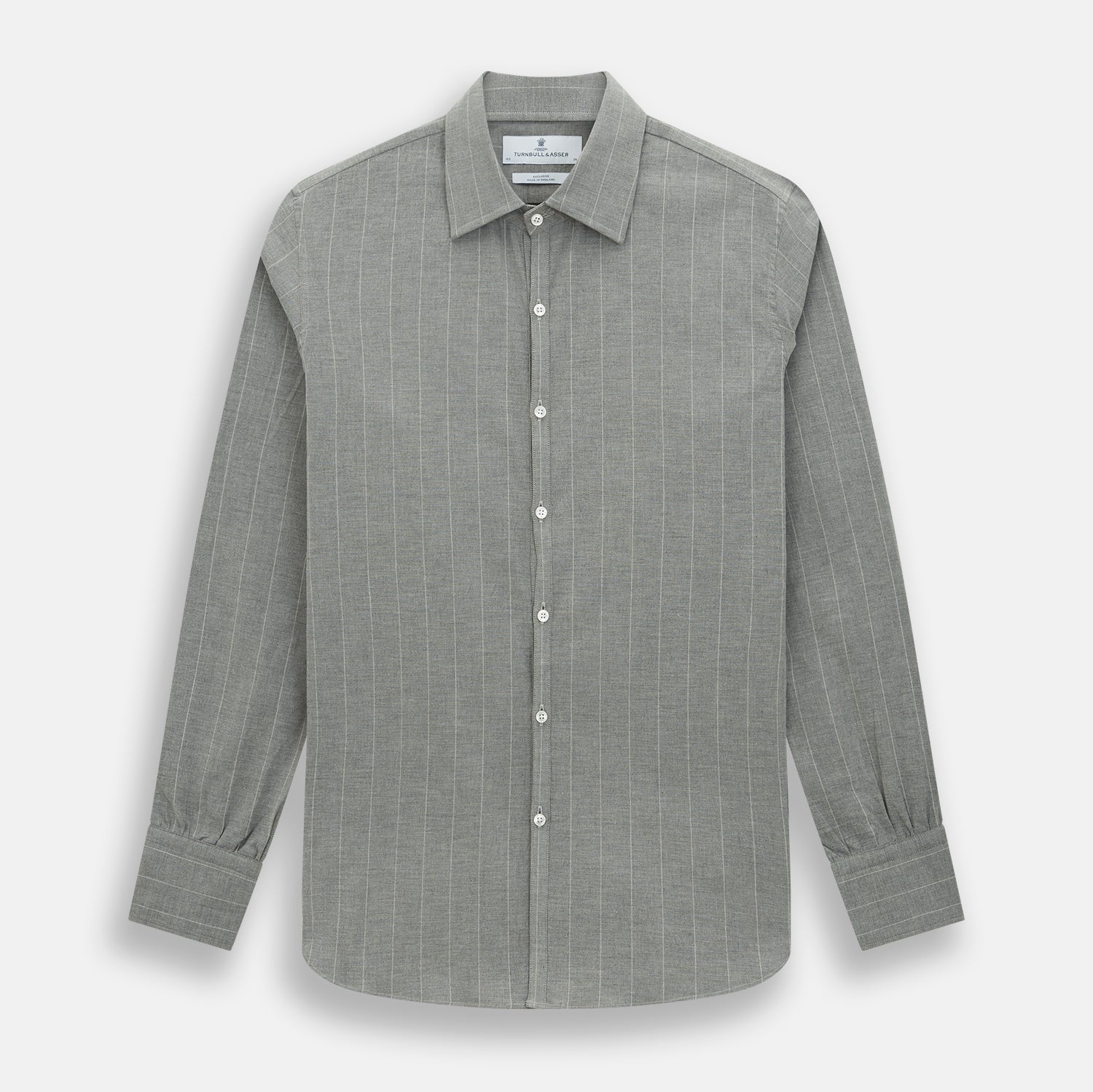 Image 1 of product The Grey Wide Stripe Westminster Shirt by Turnbull & Asser features long sleeves, buttoned cuffs, a Turnbull collar, and classic British craftsmanship, shown on a white background.