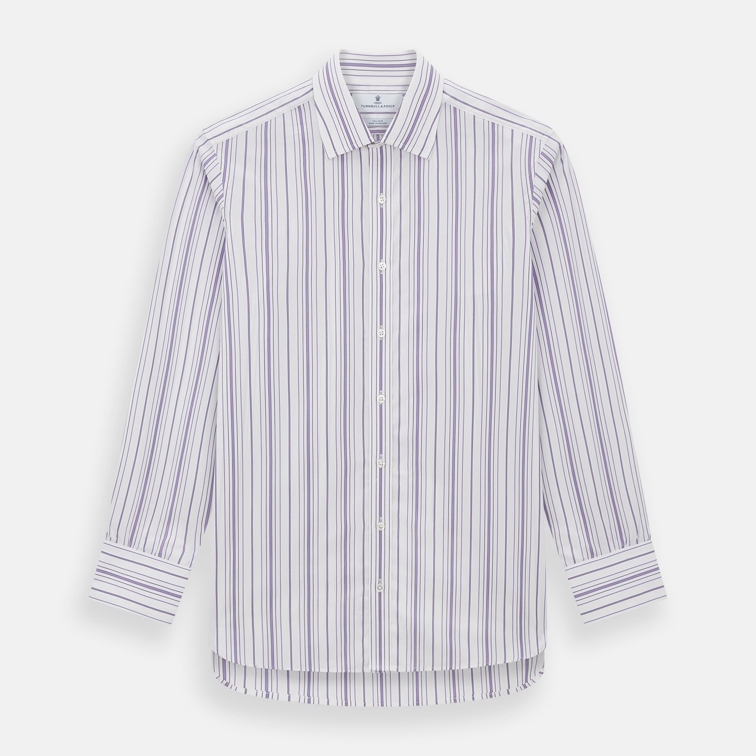 Image 1 of product The Purple Multi Stripe Mayfair Shirt by Turnbull & Asser is a long-sleeve, collared button-up featuring vertical blue and purple stripes on white, ideal for formal occasions. The shirt is neatly displayed flat against a white background.