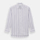 The Purple Multi Stripe Mayfair Shirt by Turnbull & Asser is a long-sleeve, collared button-up featuring vertical blue and purple stripes on white, ideal for formal occasions. The shirt is neatly displayed flat against a white background.