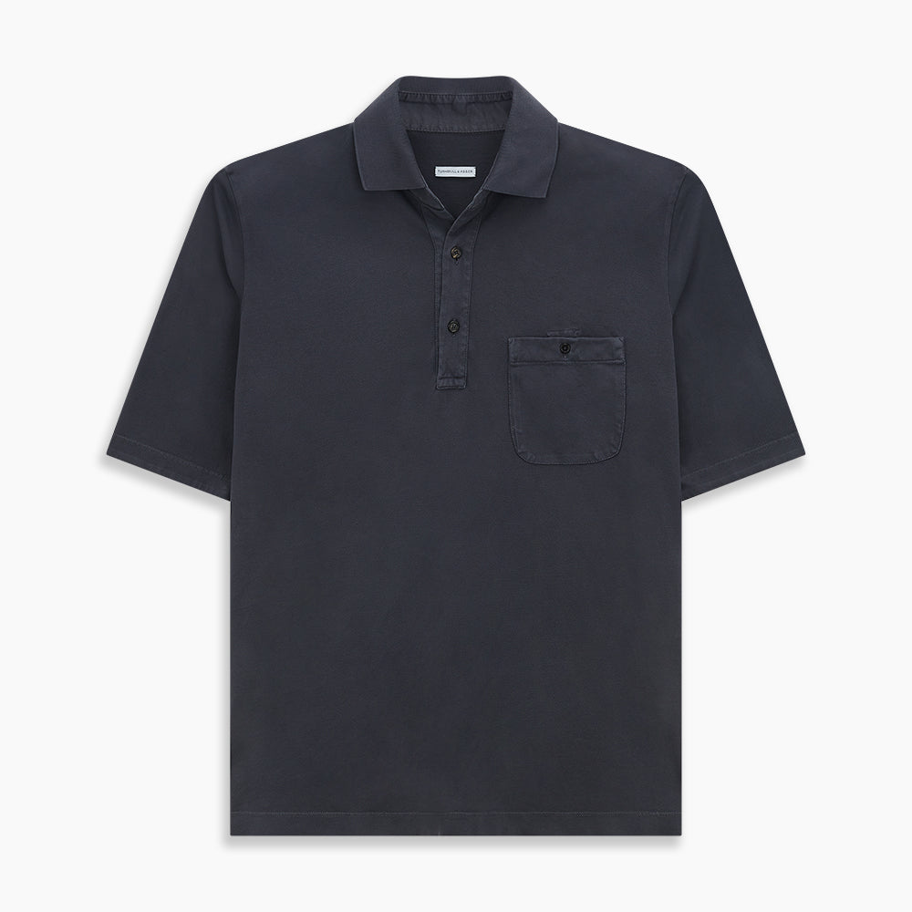 Image 1 of product The Turnbull & Asser Charcoal Polo Shirt is a short-sleeve, soft cotton jersey top with a collar, three-button placket, and a left chest pocket, shown on a plain white background.