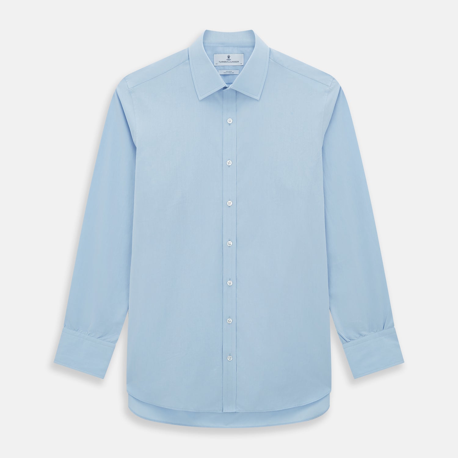 Image 1 of product The Turnbull & Asser Sky Blue Mayfair Shirt is a long-sleeved, collared button-down made from sanforised cotton, shown laid flat on a white background.