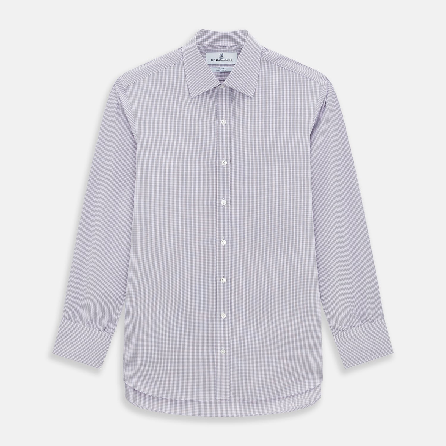 Image 1 of product The Turnbull & Asser Purple Micro Check Mayfair Shirt features long sleeves, button-up front, pointed collar, and buttoned cuffs in a subtle lilac and white check, exemplifying British craftsmanship and displayed on a white background.