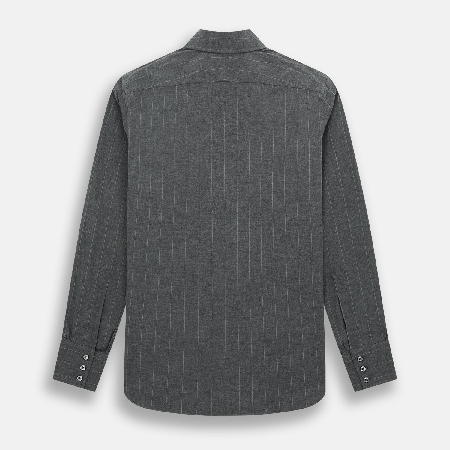 Image 3 of product The Charcoal Melange Wide Stripe Westminster Shirt from Turnbull & Asser features long sleeves, a tailored fit, pointed collar, buttoned cuffs, and subtle wide stripes, shown laid flat on a white background.