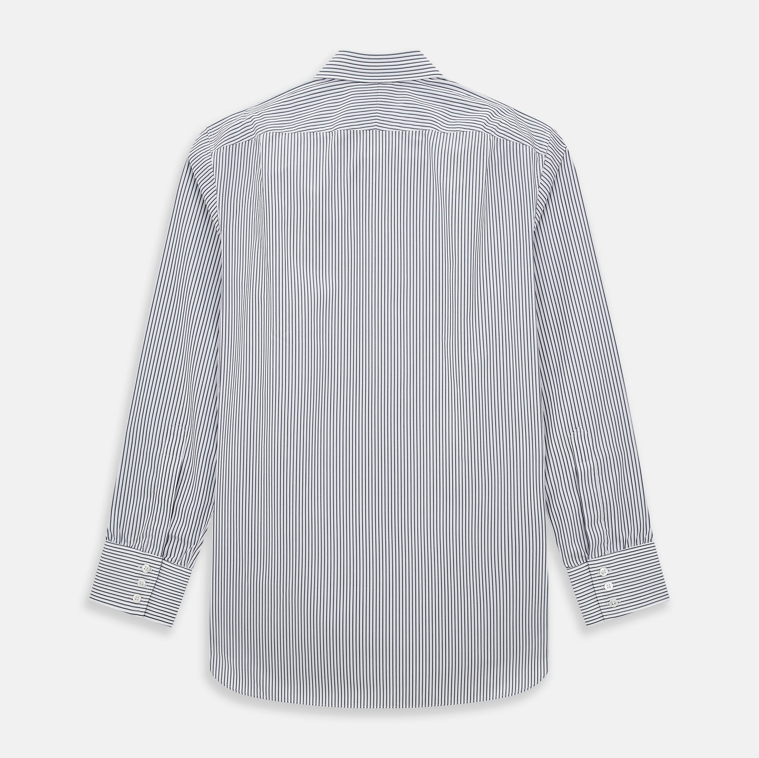 Image 3 of product The Turnbull & Asser Grey Multi Stripe Mayfair Shirt features long sleeves, a classic collar, and thin vertical stripes in black and white, shown laid flat on a white background.