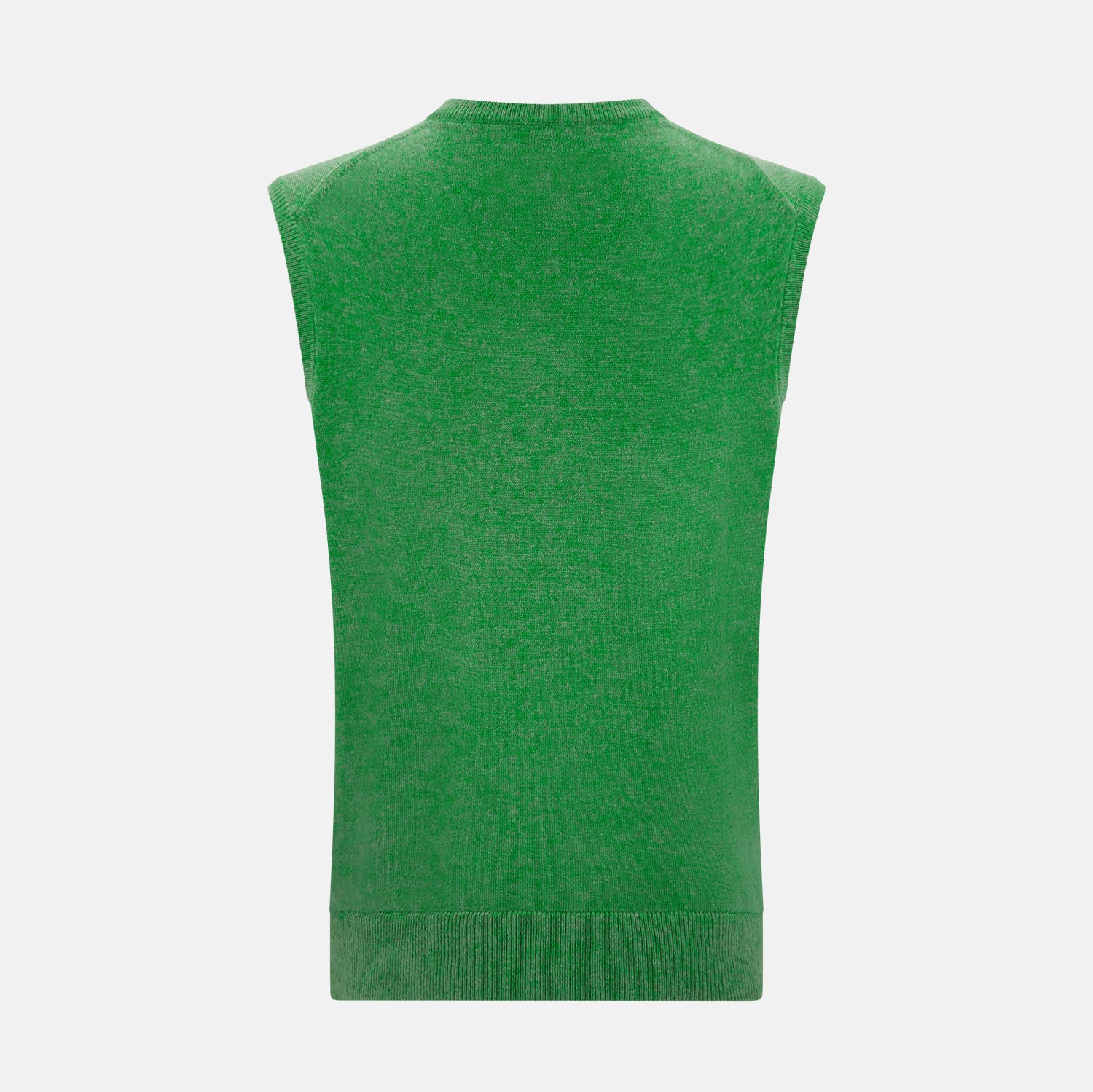 Image 7 of product The Turnbull & Asser Fern Green V-neck Sleeveless Vest features a ribbed hem and is perfect for elegant ensembles, presented against a plain white background.