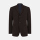 The Turnbull & Asser Dark Chocolate Knitted Cambridge Blazer for men, made from fine Italian wool with British tailoring, features a notched lapel, three front buttons, and three patch pockets, shown on a plain white background.