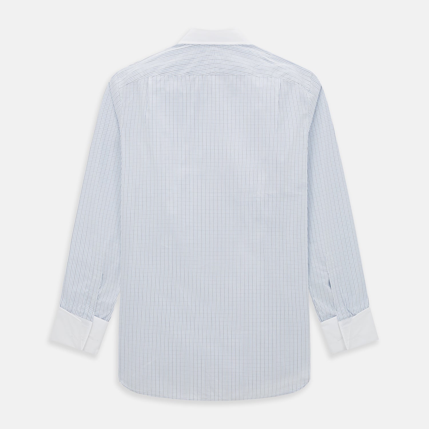 Image 3 of product The Turnbull & Asser Pale Blue and Navy Grid Check Shirt features a contrast T&A collar and cuffs, long sleeves, and a button-down front, all displayed on a plain white background.