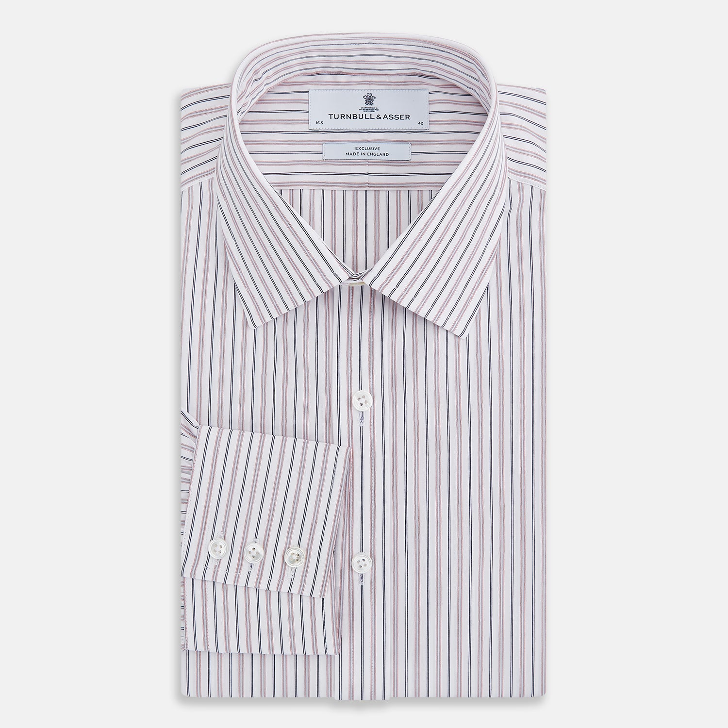 Image 5 of product The Turnbull & Asser Red Multi Stripe Mayfair Shirt is a long-sleeve, button-up classic with a sharp collar and vibrant red multi stripes—an essential men's piece shown against a white background.