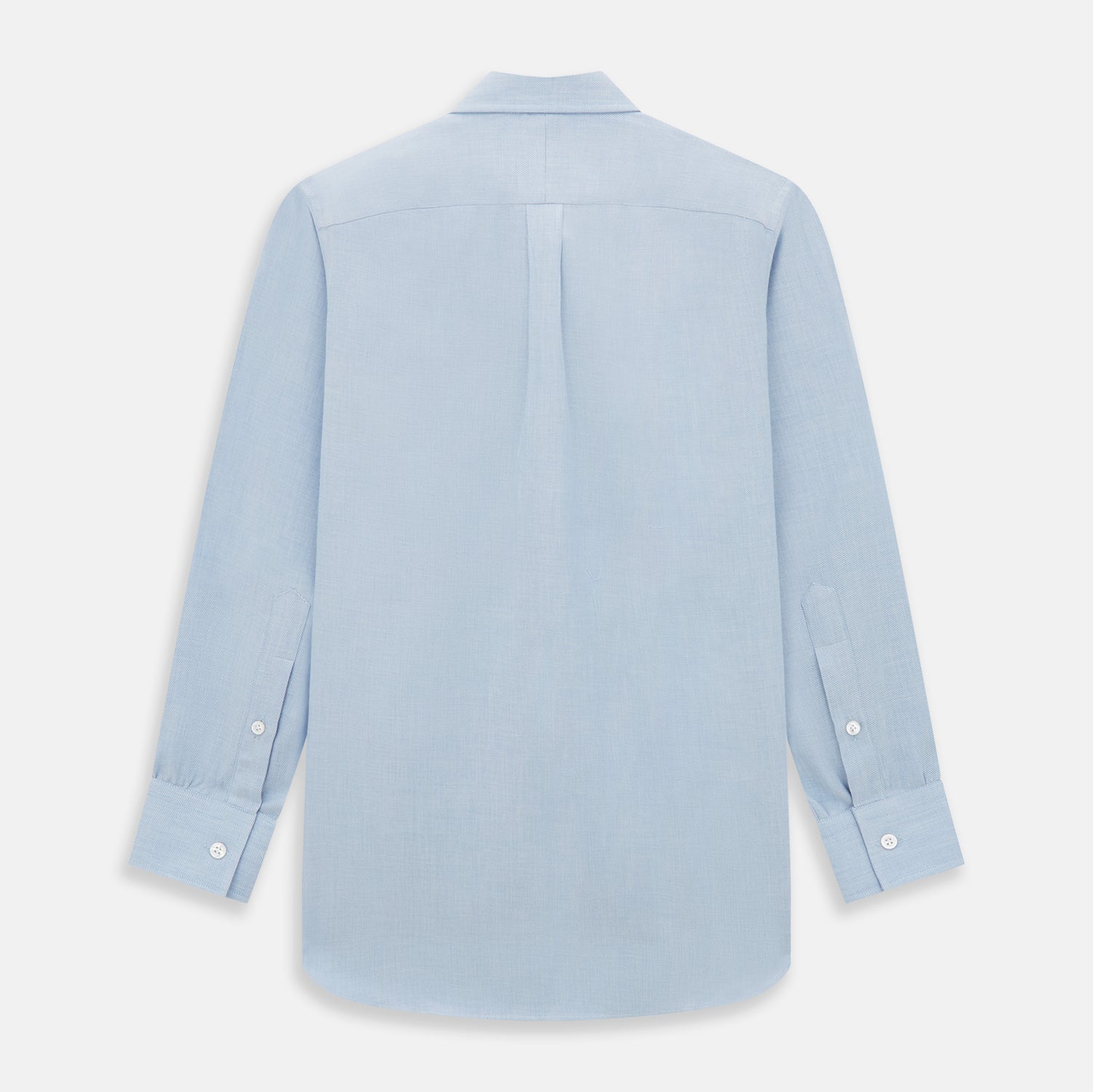 Image 6 of product The Turnbull & Asser Pale Blue Cotton Cashmere Derby Collar Richmond Shirt features a soft cotton-cashmere blend, derby collar, white buttons, left chest pocket, and buttoned cuffs, shown laid flat on a white background.