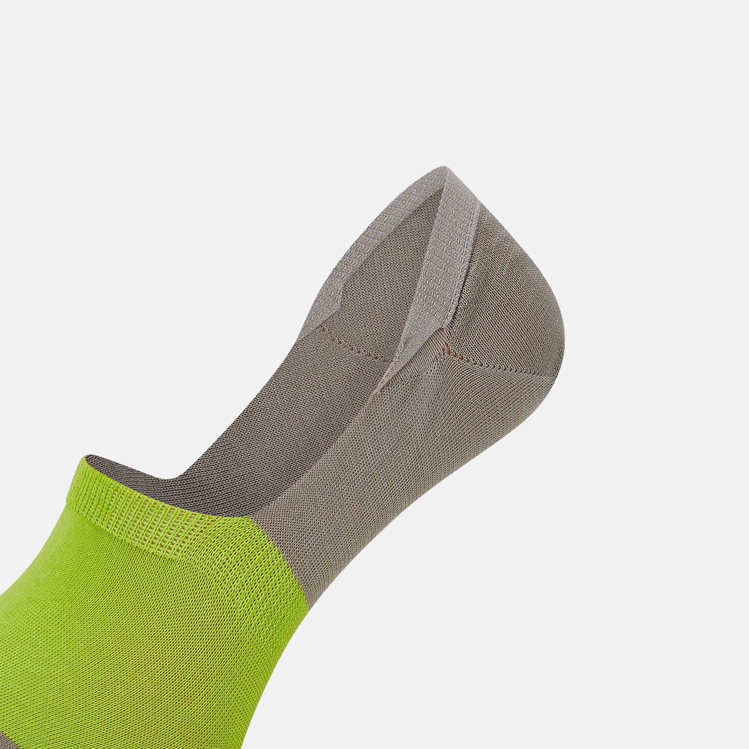 Image 4 of product The Turnbull & Asser Vanilla No-Show Socks are shown on a white background, featuring a bright green toe and front, with the rest of the cotton sock in light grayish-brown.