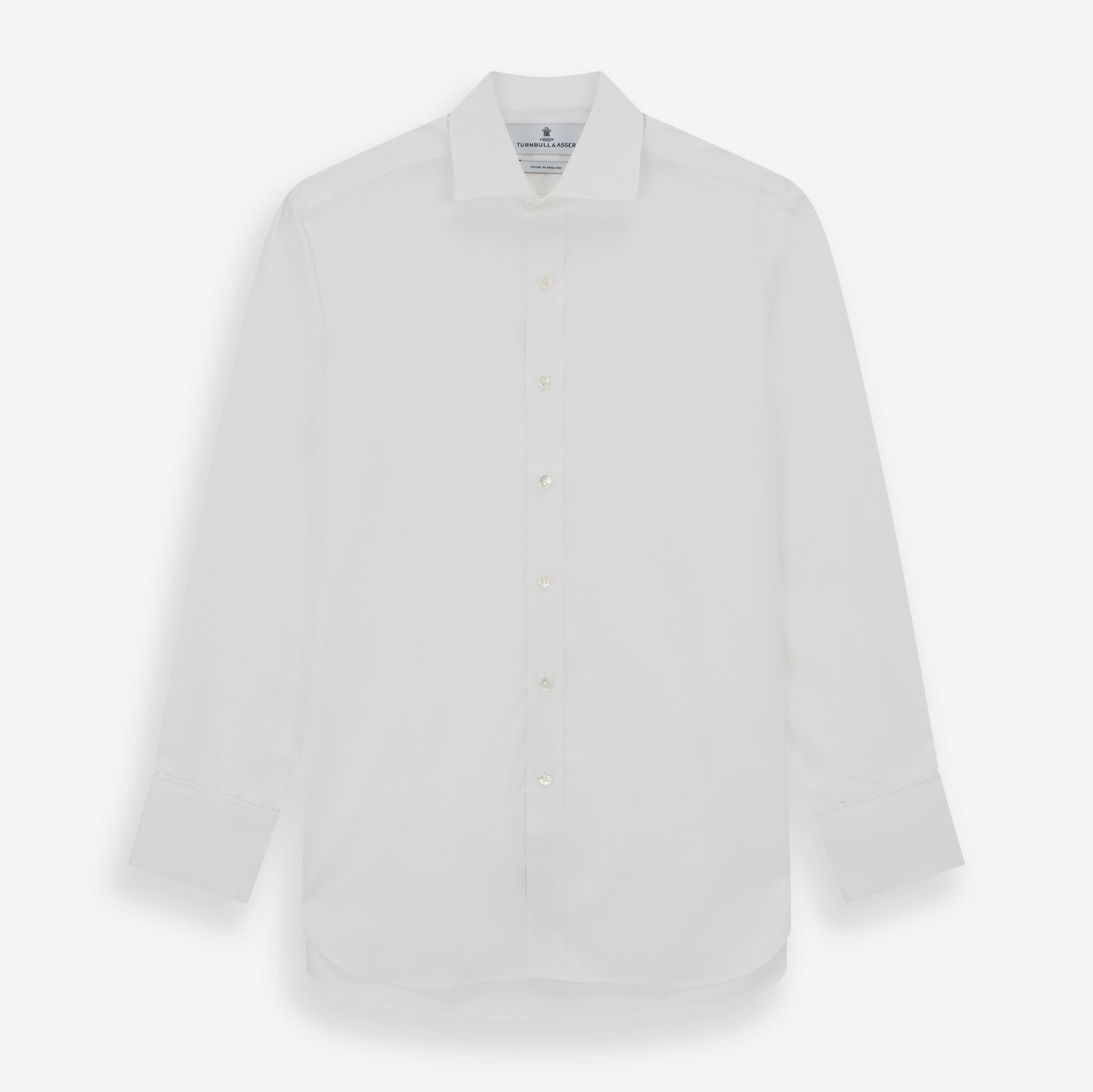 Image 1 of product The Turnbull & Asser White Poplin Shirt With Regent Collar and 2-Button Cocktail Cuffs, featuring long sleeves, is buttoned up and laid flat on a white background.