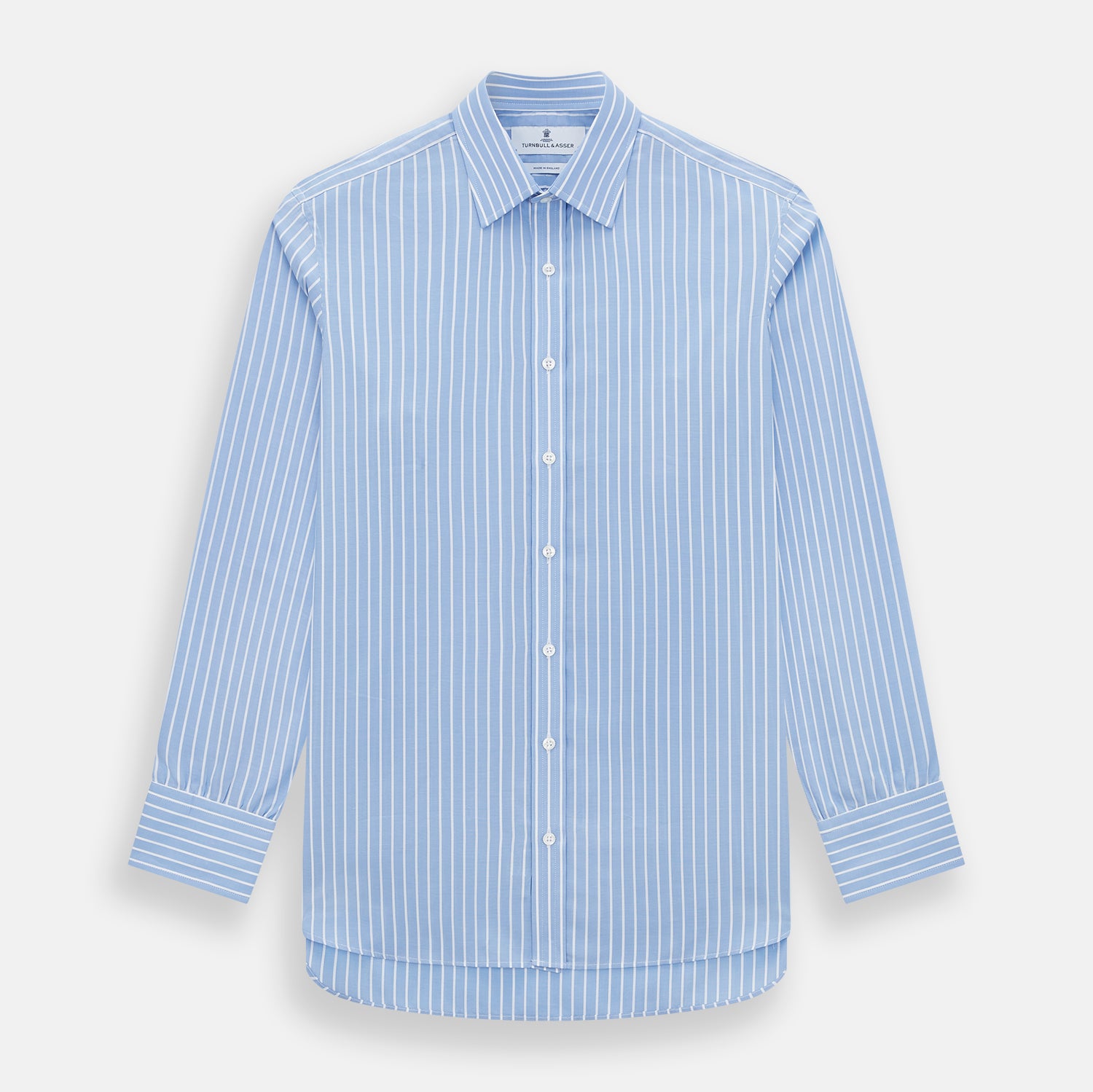 Image 1 of product The Turnbull & Asser Sky Blue Wide Pinstripe Mayfair Shirt features long sleeves, a classic collar, and buttoned cuffs, laid flat against a white background for a refined formal look.