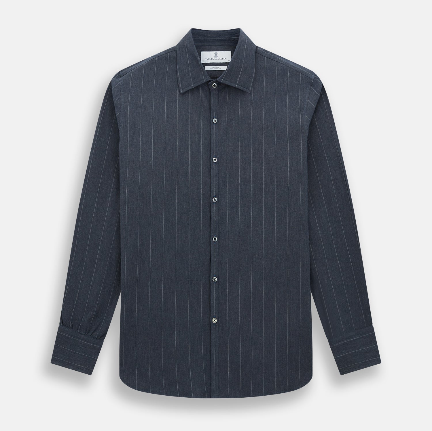 Image 1 of product The Turnbull & Asser Navy Melange Wide Stripe Westminster Shirt features a classic collar, buttoned cuffs, and a tailored fit, showcasing British craftsmanship. Laid flat on a white background.